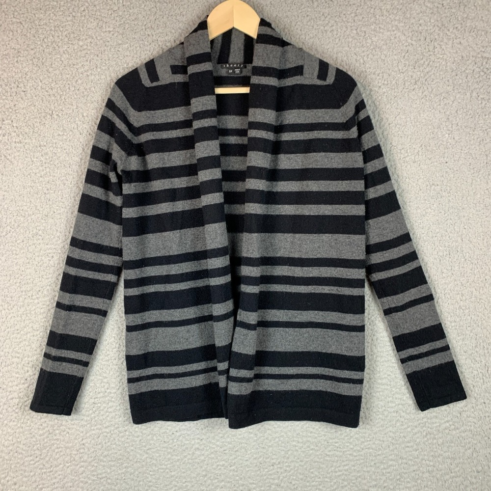 Theory Ashtry Cashmere‎ Cardigan Sweater Women Small Black Striped